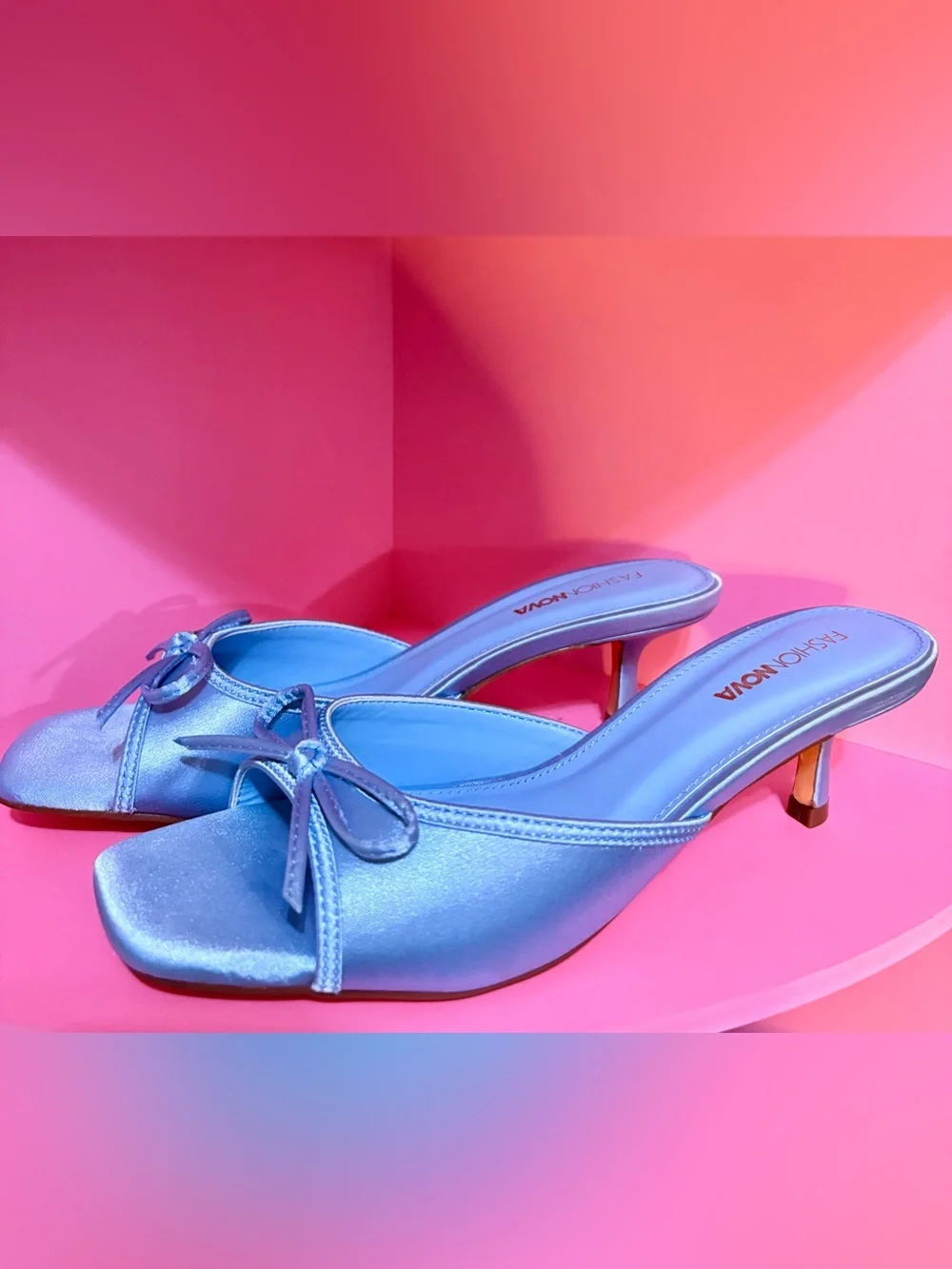 Fashion Nova Satin Bow Mule Heels in Periwinkle Blue